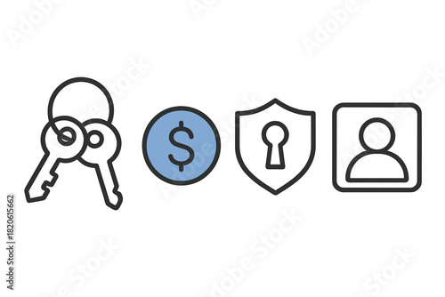 Line icons set for digital security, financial transactions, and user profile access