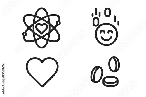 Minimalist line symbols for science, emotion, digital communication, and pharmaceutical health