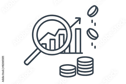 Business growth and financial analysis concept with magnifying glass, chart, and money
