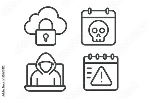 Cybersecurity, cloud data protection, hooded hacker, and warning alert symbols