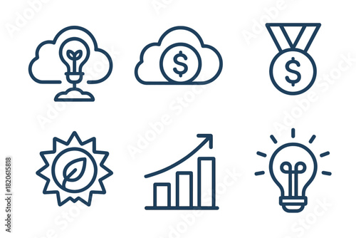 Set of business and finance symbols representing growth, innovation, investment, and sustainability