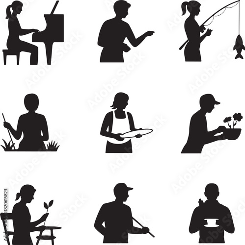 Silhouettes of people with hobbies and activities against transparent background