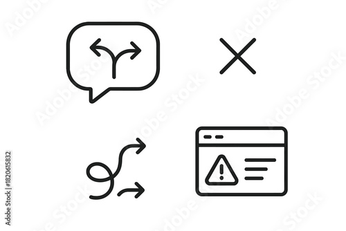 Collection of minimalist line icons for choice, complexity, error, and closure