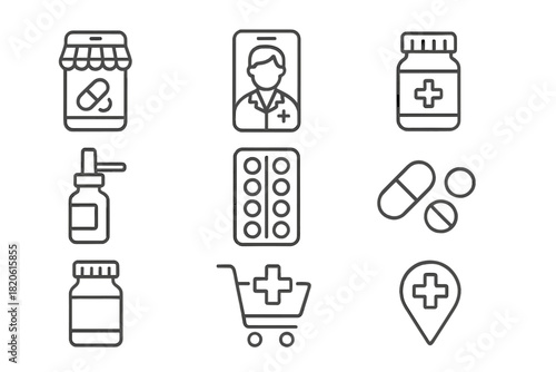 Symbols representing online pharmacy services, medicine, and healthcare shopping concepts