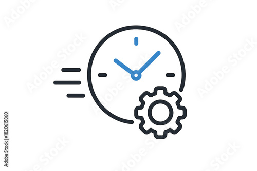 Clock face with gear and speed lines symbolizing quick time optimization and efficient settings