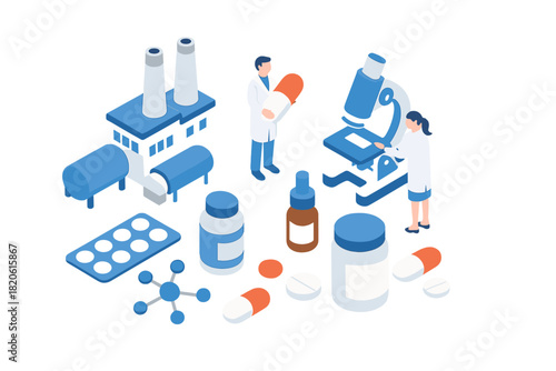 Pharmaceutical manufacturing research and development with scientists, factory, and medicine