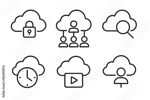 Minimalist icons for cloud computing services including data protection, user networking, search, and digital media