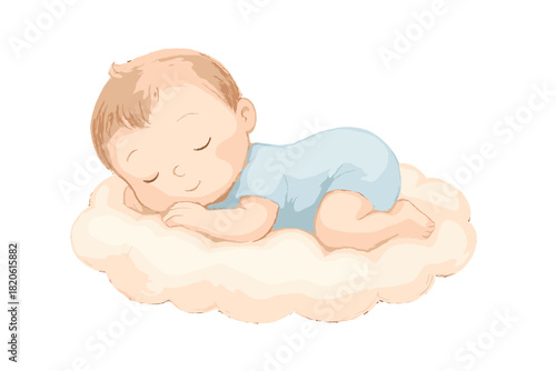 Cute baby boy wearing blue pajamas sleeping peacefully on a soft white cloud