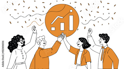Diverse group of people joyfully celebrating around a large luminous key performance indicator graphic symbolizing success and achievement in business