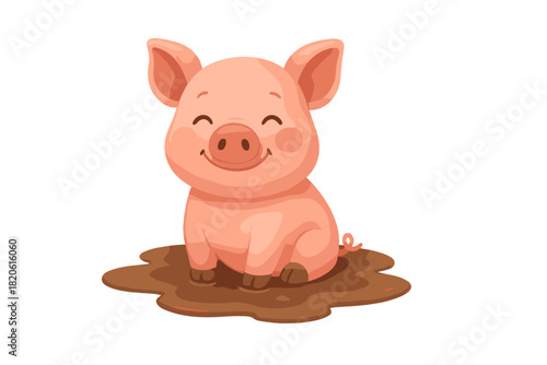 Adorable smiling pink piglet sitting happily in a brown mud puddle isolated on white background