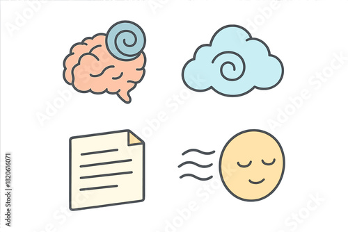 Set of four simple icons representing mental health and cognitive processes