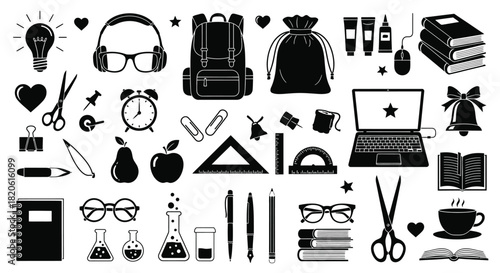 Back to school supplies vector illustration black and white