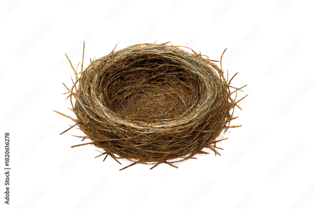 Obraz premium Empty bird nest made of dry twigs and grass fibers isolated on white background