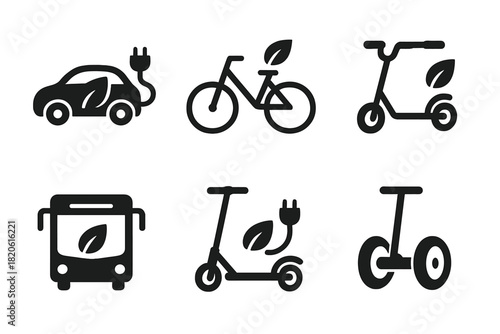Sustainable electric transportation symbols featuring car, bicycle, bus, and various scooters