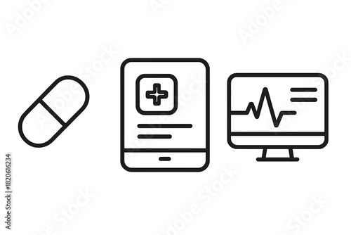 Set of digital health monitoring, medical prescription, and telemedicine symbols for modern healthcare applications