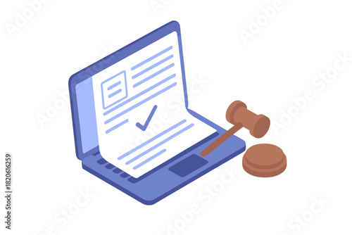 Isometric view of a digital contract approved on a laptop screen next to a wooden gavel and sound block