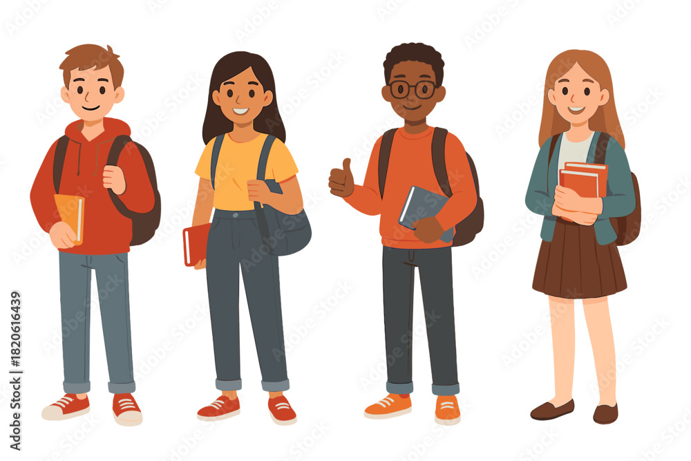 Naklejka premium Diverse group of students standing with backpacks and books ready for school