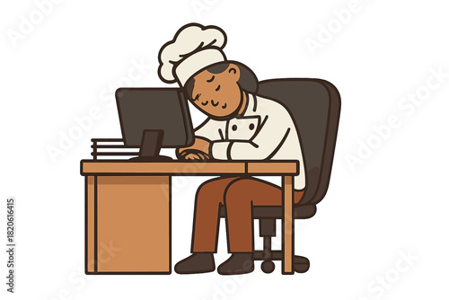 Exhausted chef in uniform resting head on the desk while sitting at a computer