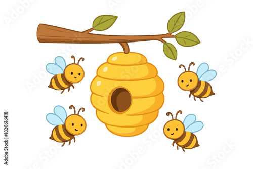 Adorable honey bees buzzing near their natural hive suspended from a leafy tree limb