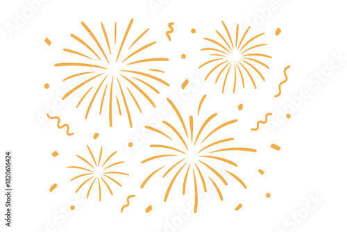 Seamless pattern of hand drawn golden fireworks bursts and scattered confetti elements