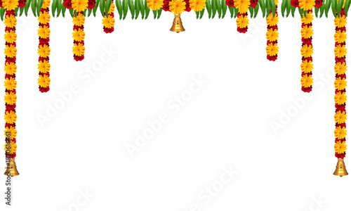 Картината върху платно Indian festival thoranam of marigold flowers isolated on transparent background with lotus flower and mango leaf, hanging in entrance of house, reception, mall