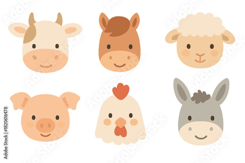 Cute cartoon faces of common farm animals: cow, horse, sheep, pig, chicken, and donkey