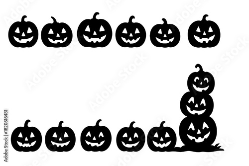 Black silhouette border featuring carved Halloween pumpkins and stacked Jack-o'-lanterns