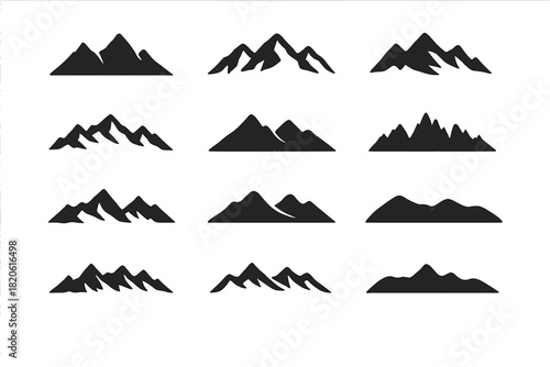 Collection of diverse mountain range silhouettes and peak icons in black on white background