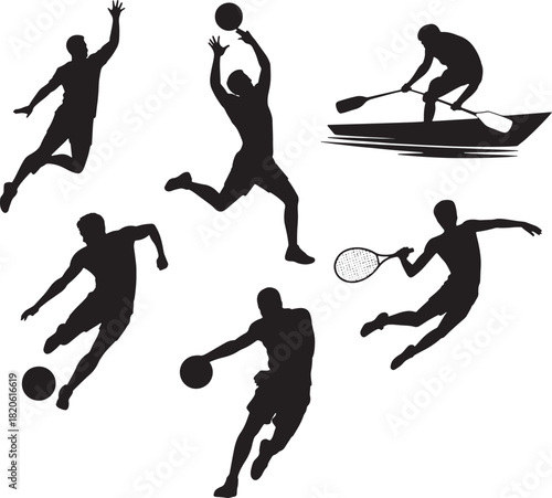 Sports activities silhouettes illustration of soccer tennis basketball canoeing vector set