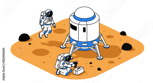 Astronauts exploring mars surface with lunar lander illustration