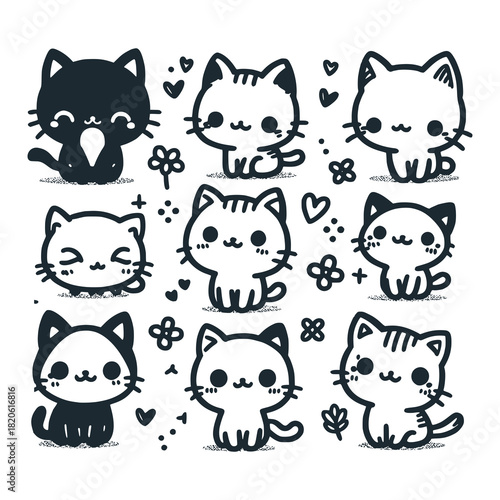 Children's line scribble of playful cute kitten