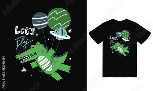 Cute crocodile fly illustration with tshirt design premium vector