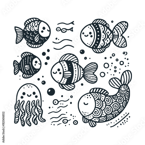 Children's line scribble of playful marine habitat