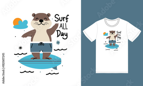 Cute otter surfing illustration with tshirt design premium vector