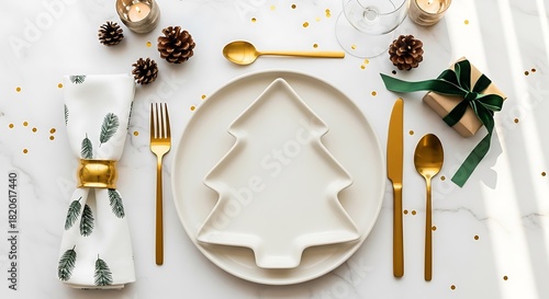 Elegant christmas dinner table setting with tree shaped plate and gold cutlery