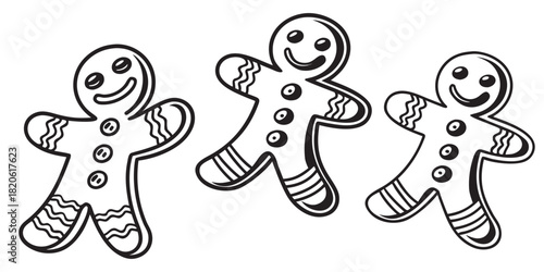 Three gingerbread men cookies are depicted in a black and white illustration.