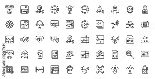 Set of Audio Edition vector. Merge, AI, Save, Processing, Microphone, Undo, Setting, Warning, Ears, Voice, Audio, Hand, Mixer, Synchronize, Album, Shuffle , Repeat, Protect, Website, Favorite icon. 