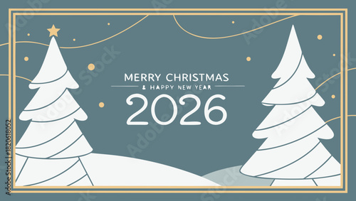 Merry Christmas and Happy New Year background for Greeting cards with christmas tree landscape and snowing paper art style.Merry Christmas vector text Calligraphic Lettering Vector illustration.