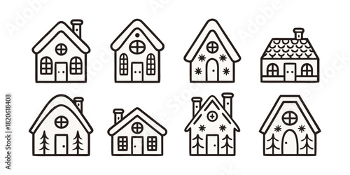 A collection of simple line art illustrations of houses with various roof styles and chimney designs.