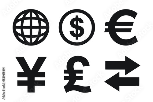 bold currency icons, global currency silhouette icon set featuring globe, dollar coin, euro symbol, yen symbol, pound symbol, and exchange arrows for finance, banking, and business design projects.
