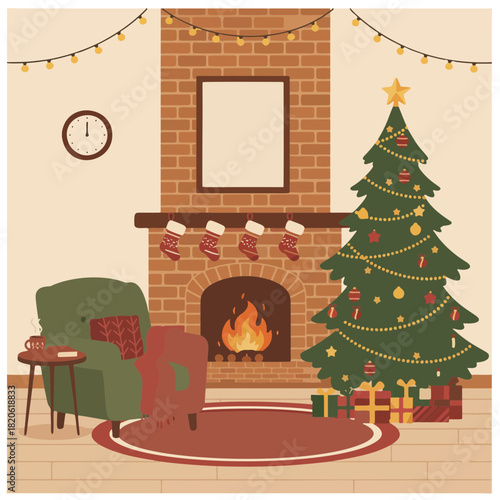 Cozy Christmas Eve Interior Scene with Fireplace, Stockings, and Decorated Tree Illustration