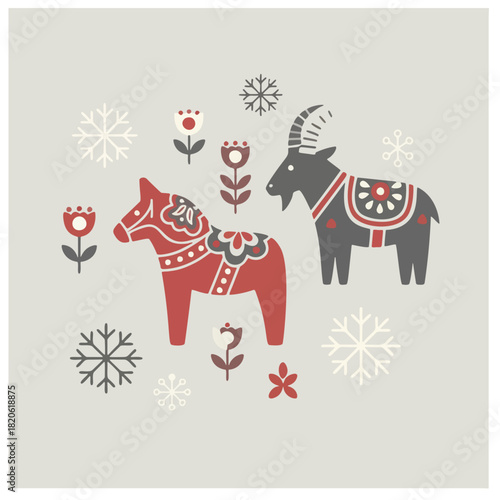 Cozy Nordic Winter Pattern with Red Dala Horse and Yule Goat in Traditional Scandinavian Folk Art Style