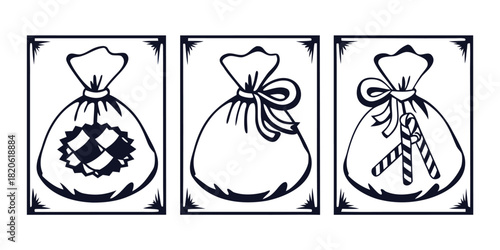 Three illustrated gift bags with different decorative elements are displayed in a row.