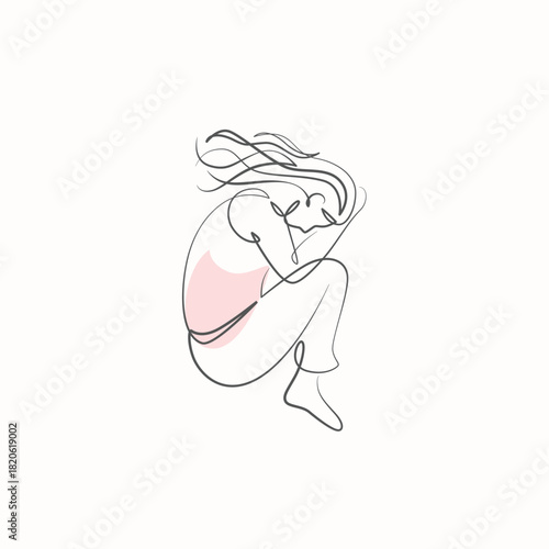 Woman Curled Up on the Floor one line drawing. Woman Curled Up on the Floor single line illustration. Woman Curled Up on the Floor minimalist line art