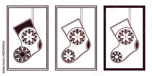 Three Christmas stockings with snowflake patterns hang in separate frames.