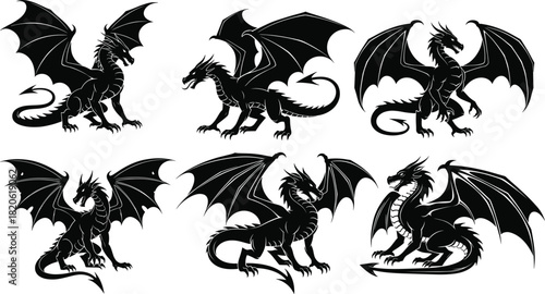 Black Silhouette Vector Set of Six European Dragons in Various Mythical Poses with Sprawling Wings, Ideal for Fantasy, Mythology, Gaming, and Gothic Design Graphics