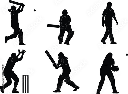 Female Cricket Players Silhouette Vector Set: Batting, Fielding, Wicket-Keeping, and Running Action Poses, Ideal for Sport, Competition, and Women's Athletic Graphics