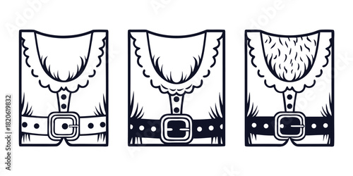 Three cartoon torso illustrations with belts and different necklines.