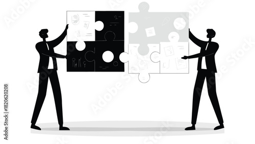 Abstract concept of collaboration and problem solving depicted by large colorful puzzle pieces fitting together in a dynamic composition