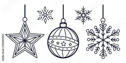 Decorative Christmas ornaments including a star, bauble, and snowflakes hang against a white background.